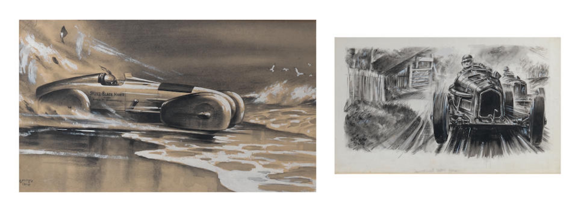 George Lane (British), two illustrations depicting pre-War motoring scenes, ((2))