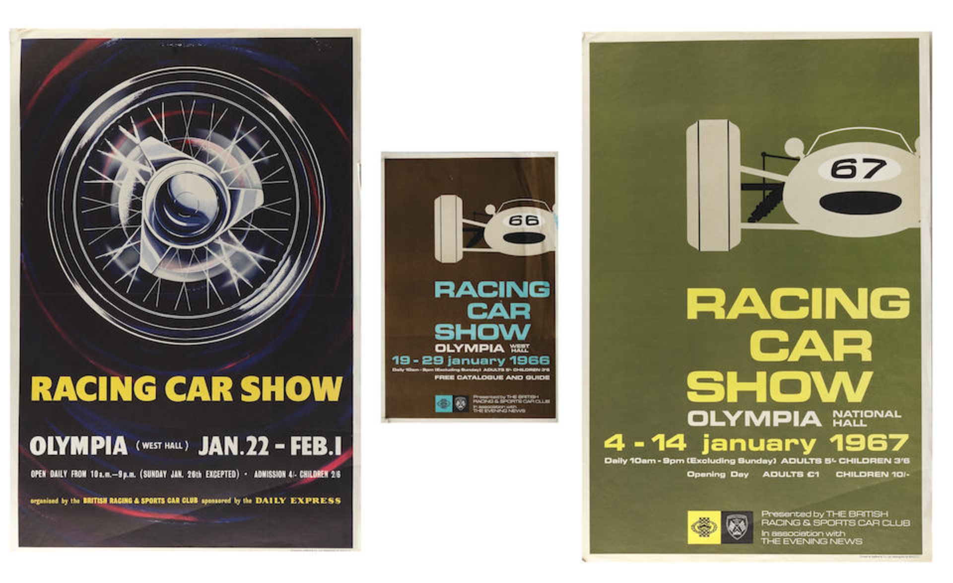 Three 'Olympia Racing Car Show' posters for 1964, 1966 and 1967, ((3))