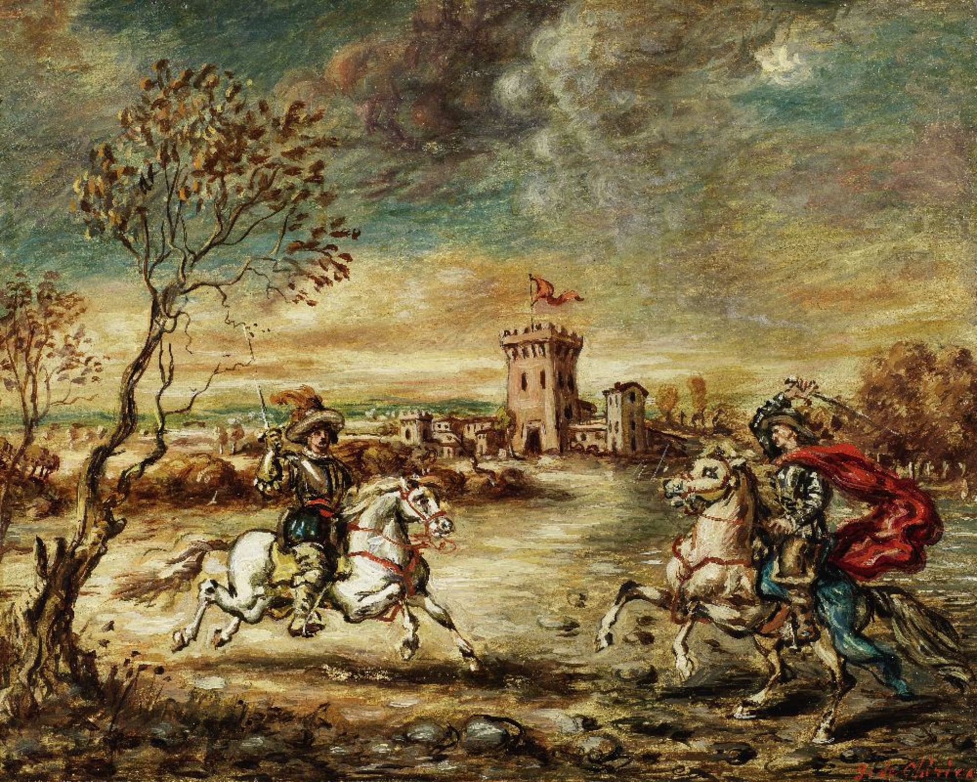 GIORGIO DE CHIRICO (1888-1978) Combattimento di cavalieri nel paesaggio con castello (Painted in...