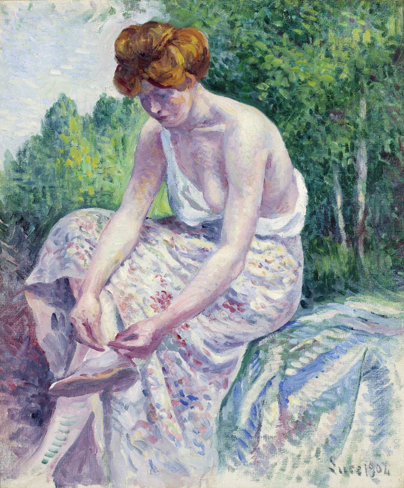 MAXIMILIEN LUCE (1858-1941) Moulineux, Jeune femme &#244;tant sa sandale (Painted in 1904)