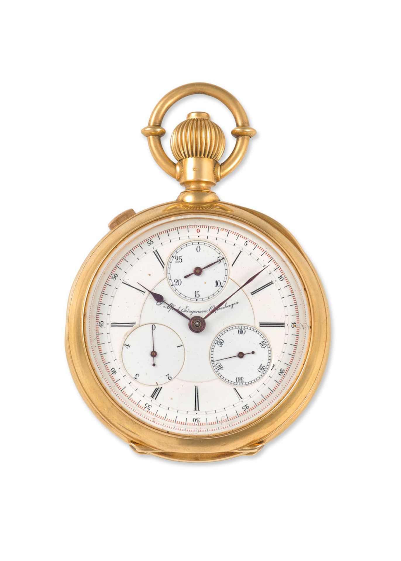 JULES JURGENSEN, COPENHAGEN. A FINE 18K GOLD OPENFACE SPLIT SECOND POCKET WATCHc. 1885