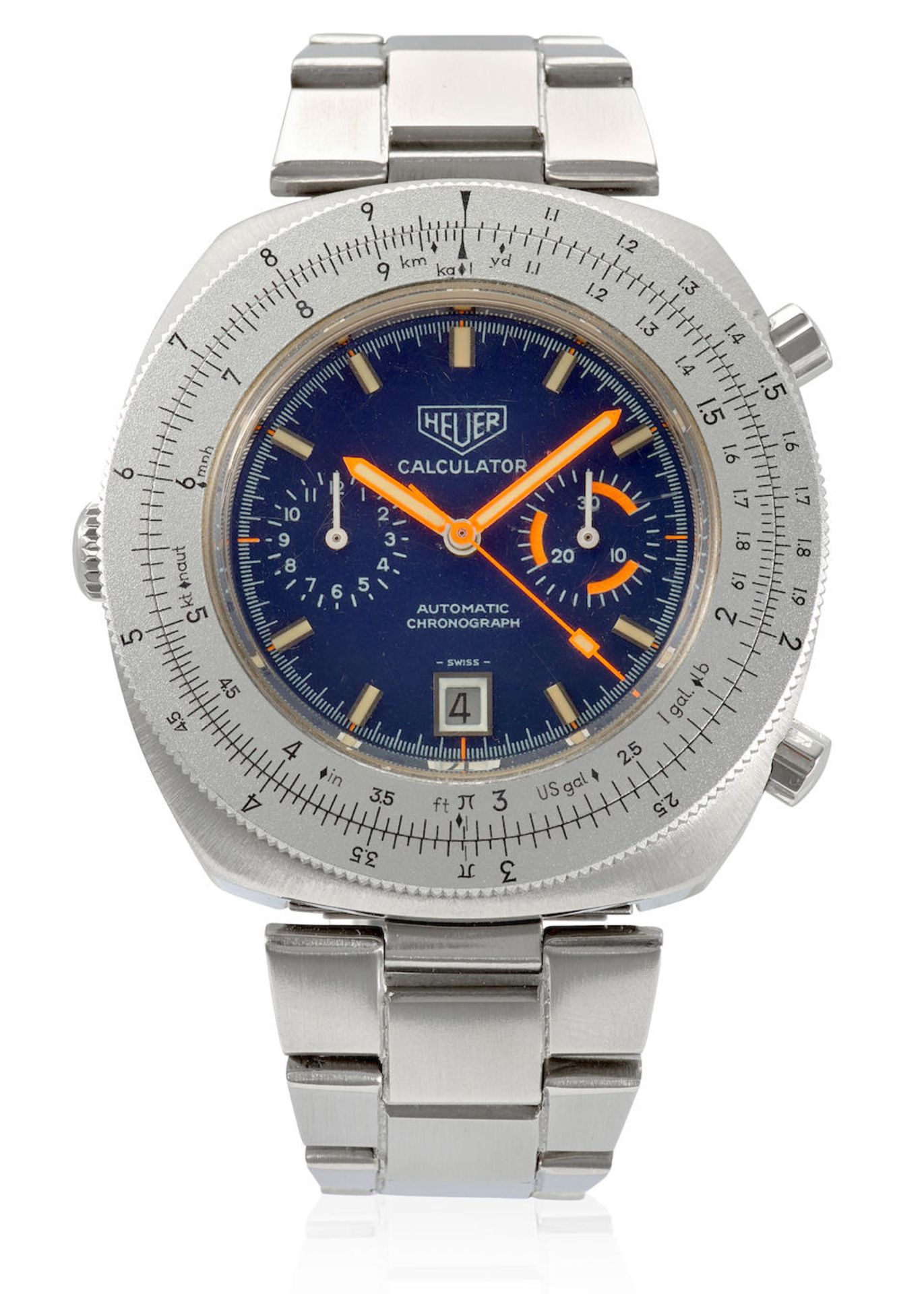 HEUER. A STAINLESS STEEL AUTOMATIC CHRONOGRAPH CALENDAR BRACELET WATCH Calculator, Ref: 110.633,...