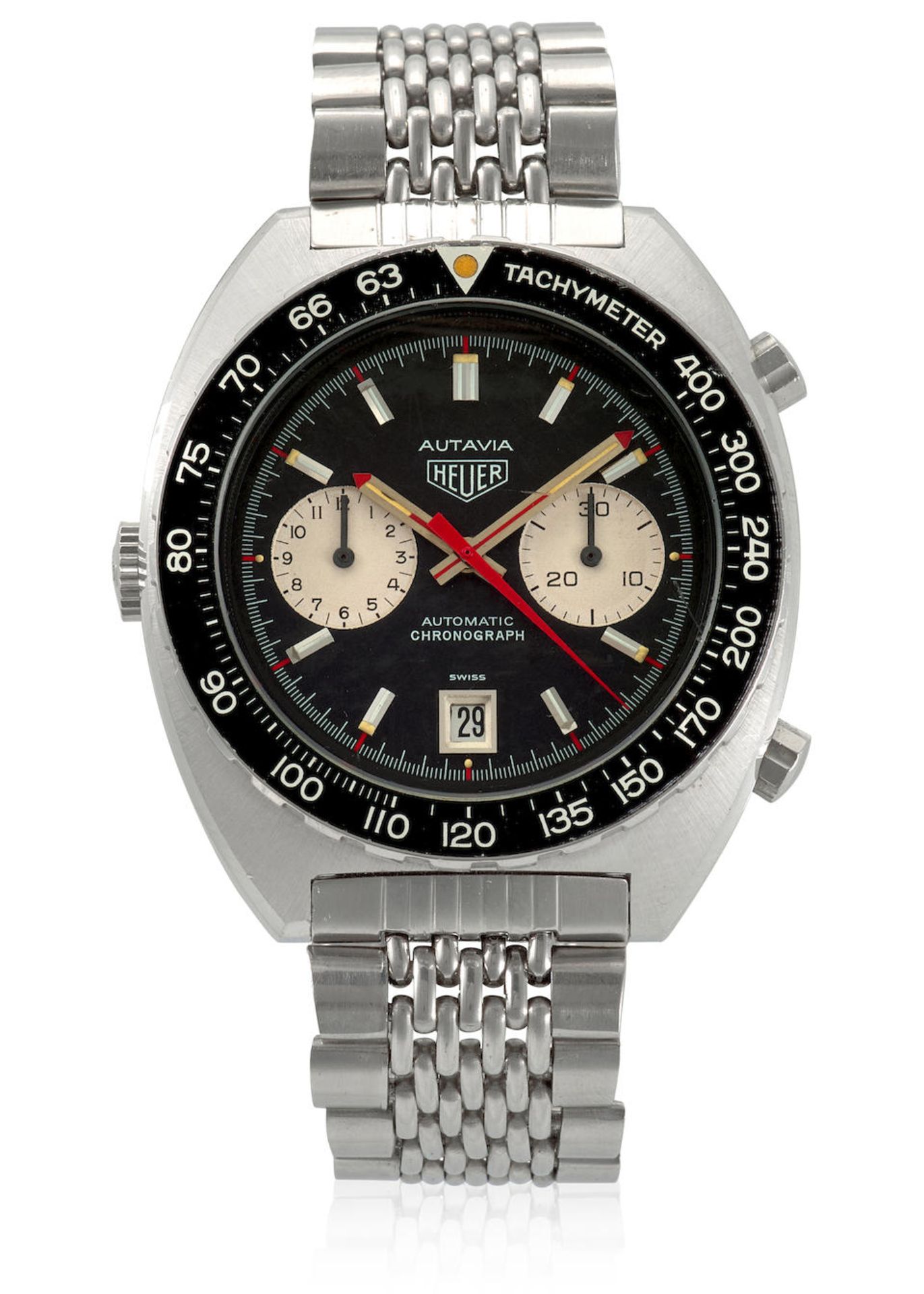 HEUER. A STAINLESS STEEL AUTOMATIC CALENDAR CHRONOGRAPH BRACELET WATCH Autavia, Ref: 11630, c. 1...