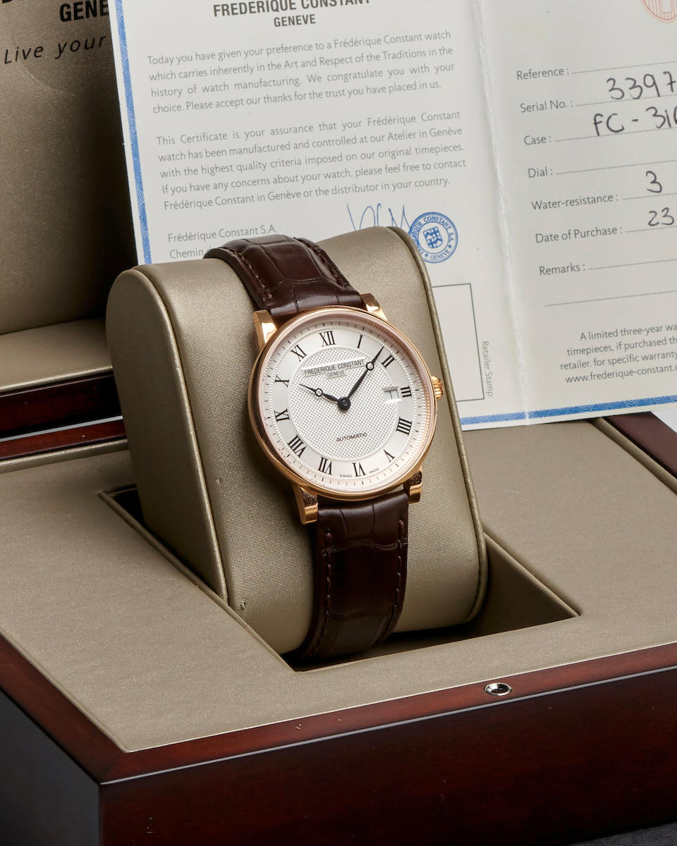 FÉDÉRIQUE CONSTANT. AN 18K ROSE GOLD AUTOMATIC CALENDAR WRISTWATCH Classic, Ref: FC-31...