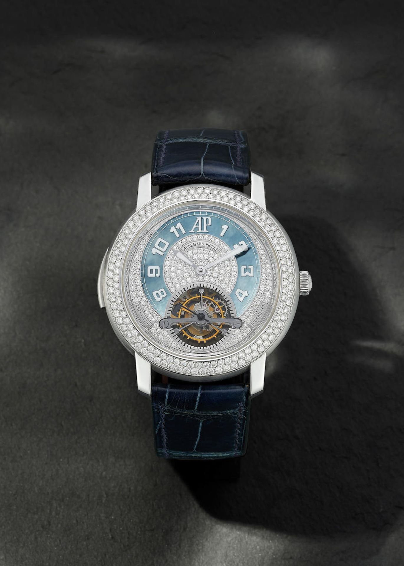 AUDEMARS PIGUET. A VERY RARE AND IMPRESSIVE 18K WHITE GOLD AND DIAMOND SET MINUTE REPEATING TOUR...