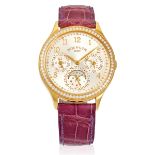 PATEK PHILIPPE. AN 18K ROSE GOLD AND DIAMOND SET AUTOMATIC CALENDAR WRISTWATCH WITH MOON PHASE G...