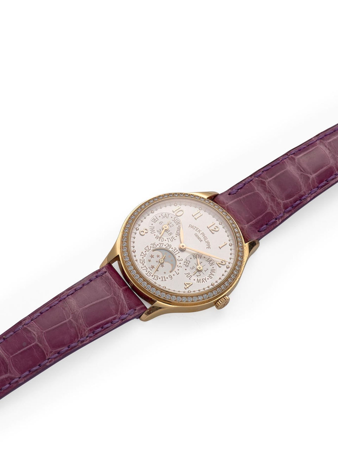 PATEK PHILIPPE. AN 18K ROSE GOLD AND DIAMOND SET AUTOMATIC CALENDAR WRISTWATCH WITH MOON PHASE G... - Image 2 of 4