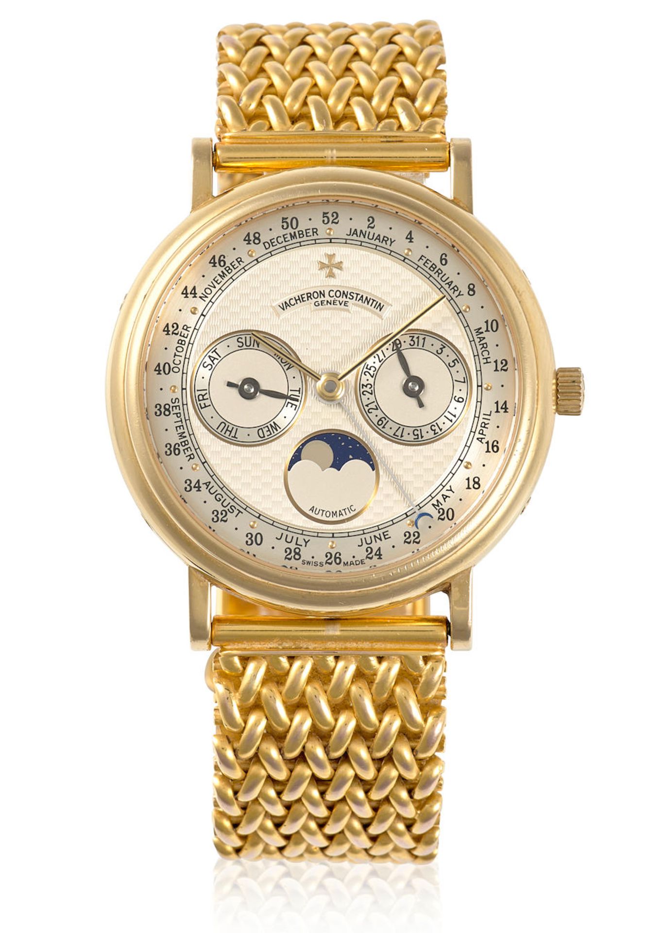 VACHERON CONSTANTIN. AN 18K GOLD AUTOMATIC ANNUAL CALENDAR BRACELET WATCH WITH MOON PHASE Patrim...