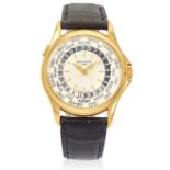 PATEK PHILIPPE. A FINE 18K GOLD AUTOMATIC WORLD TIME WRISTWATCH World Time, Ref: 5110J-001, c. 2...