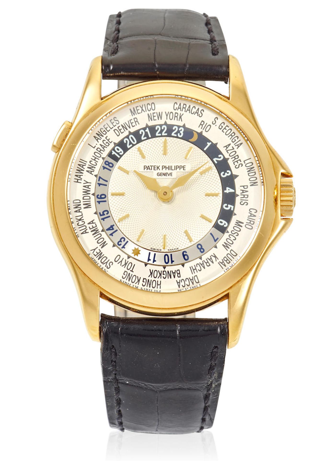 PATEK PHILIPPE. A FINE 18K GOLD AUTOMATIC WORLD TIME WRISTWATCH World Time, Ref: 5110J-001, c. 2...