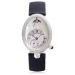 BREGUET. A FINE 18K WHITE GOLD AND DIAMOND SET AUTOMATIC WRISTWATCH WITH MOON PHASE AND POWER RE...