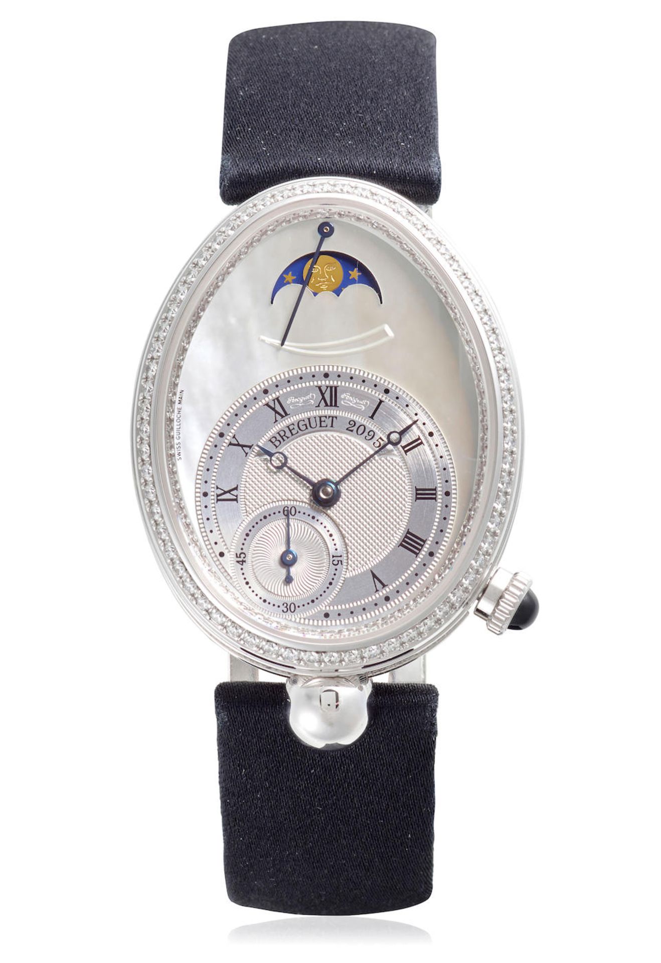 BREGUET. A FINE 18K WHITE GOLD AND DIAMOND SET AUTOMATIC WRISTWATCH WITH MOON PHASE AND POWER RE...