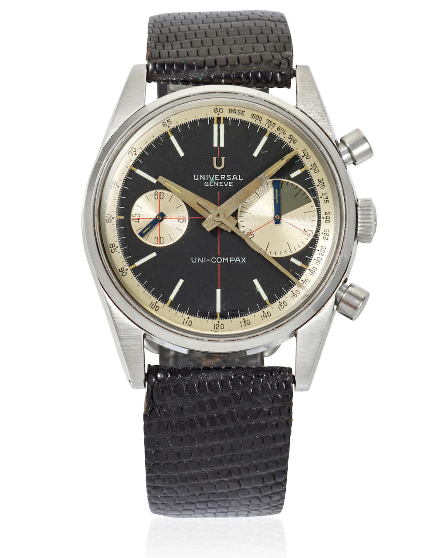 UNIVERSAL GENÈVE. A STAINLESS STEEL MANUAL WIND CHRONOGRAPH WRISTWATCH Uni-Compax, Ref: 884...