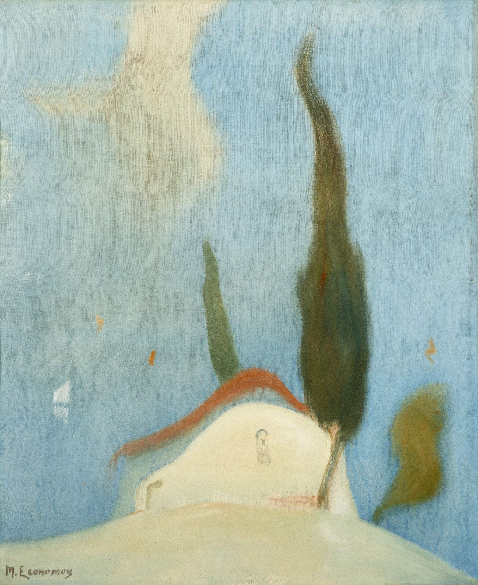 MICHALIS ECONOMOU (1888-1933) Chapelle avec des cypr&#232;s (Peint c. 1927.signed 'M.Economou' l...