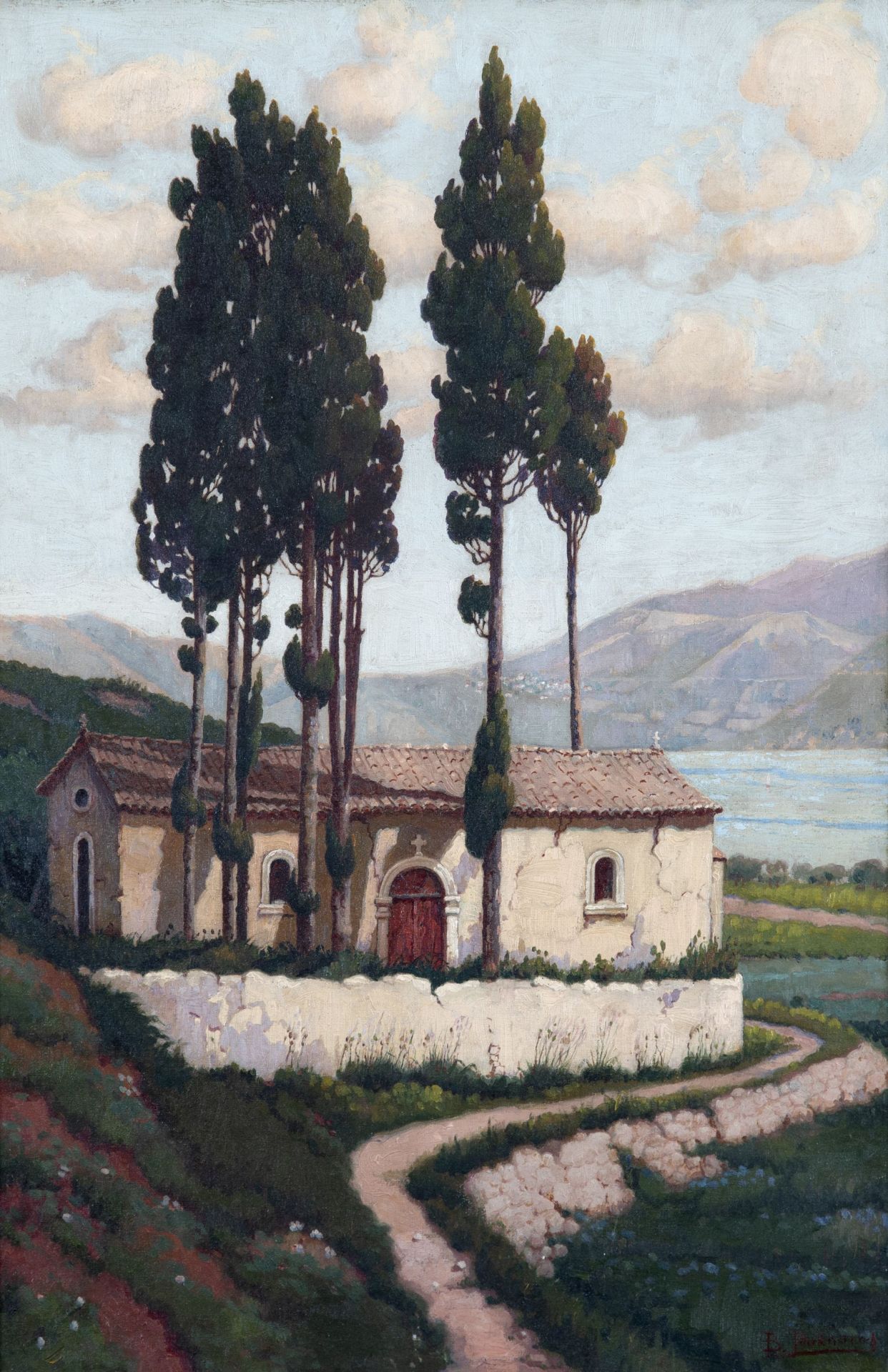 VASSILIOS ITHAKISIOS (1877-1977) Paysage avec &#233;glise et cypr&#232;s