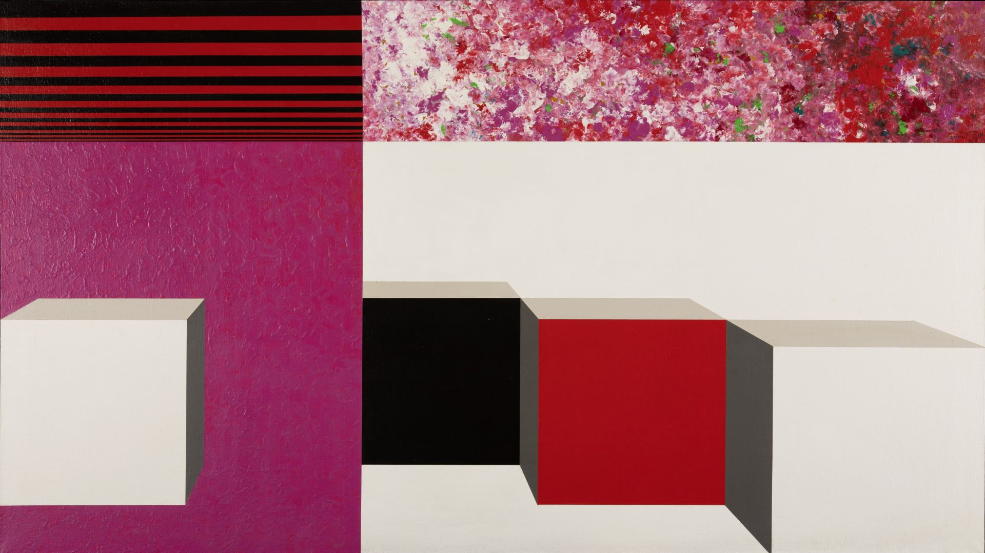 OPY ZOUNI (1941-2008) Quatre cubes dans un espace rouge