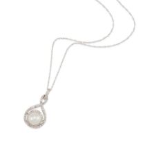 A 14K WHITE GOLD, CULTURED PEARL AND DIAMOND PENDANT NECKLACE