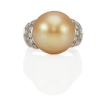 A PLATINUM, CULTURED PEARL, AND DIAMOND RING