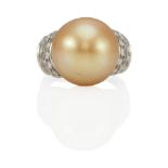 A PLATINUM, CULTURED PEARL, AND DIAMOND RING