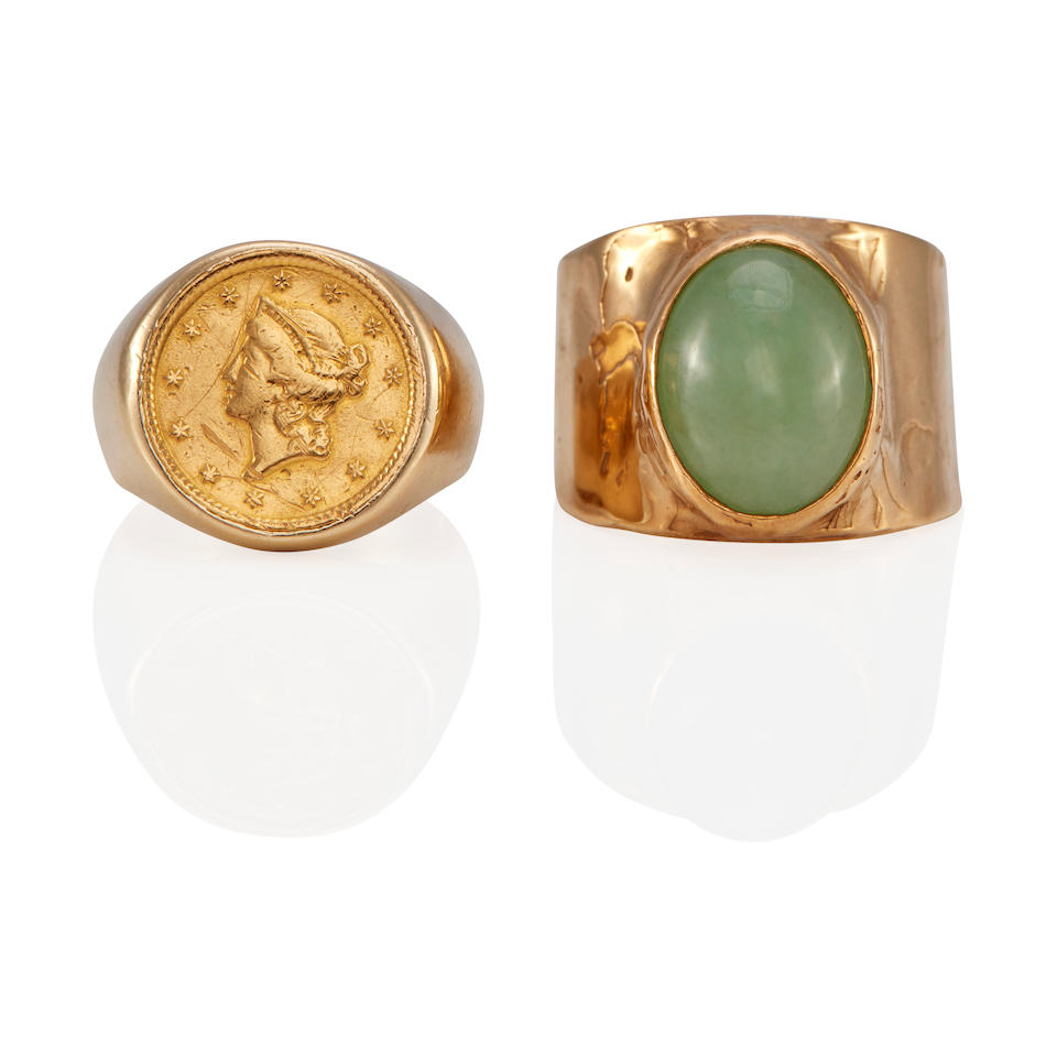 A 14K GOLD AND 22K GOLD COIN RING AND A 14K GOLD AND JADE RING