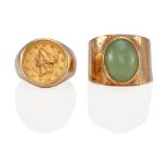 A 14K GOLD AND 22K GOLD COIN RING AND A 14K GOLD AND JADE RING