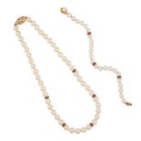 A 14K GOLD, CULTURED PEARL AND RUBY NECKLACE AND BRACELET