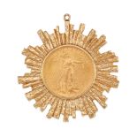 A LARGE 14K GOLD AND 22K GOLD COIN PENDANT