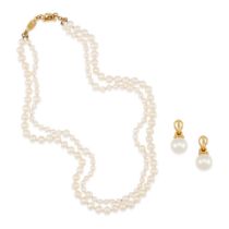 AN 18K GOLD AND CULTURED PEARL NECKLACE AND A PAIR OF 22K GOLD AND CULTURED PEARL EAR CLIPS