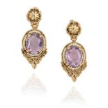 A PAIR OF 14K GOLD, AMETHYST AND CULTURED PEARL EARCLIPS