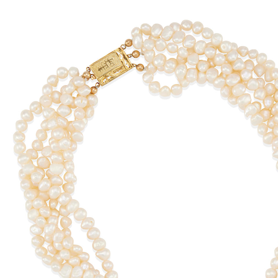 A 14K GOLD AND MULTI-STRAND CULTURED PEARL NECKLACE - Image 2 of 2