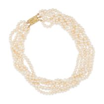 A 14K GOLD AND MULTI-STRAND CULTURED PEARL NECKLACE