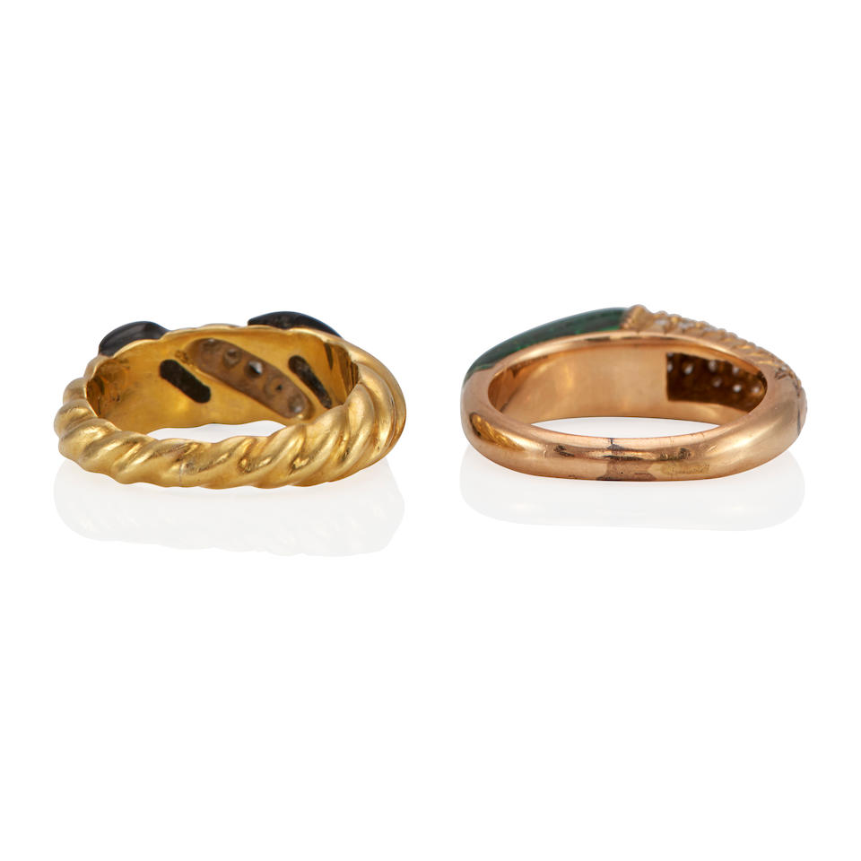 TWO GOLD, MALACHITE, ONYX AND DIAMOND RINGS - Image 2 of 3