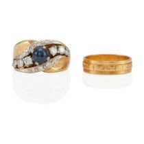 TWO GOLD, BICOLOR GOLD, DIAMOND, AND SAPPHIRE RINGS