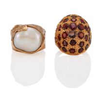 TWO GOLD, GARNET AND CULTURED PEARL RINGS