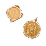 A GOLD AND GOLD COIN RING AND PENDANT