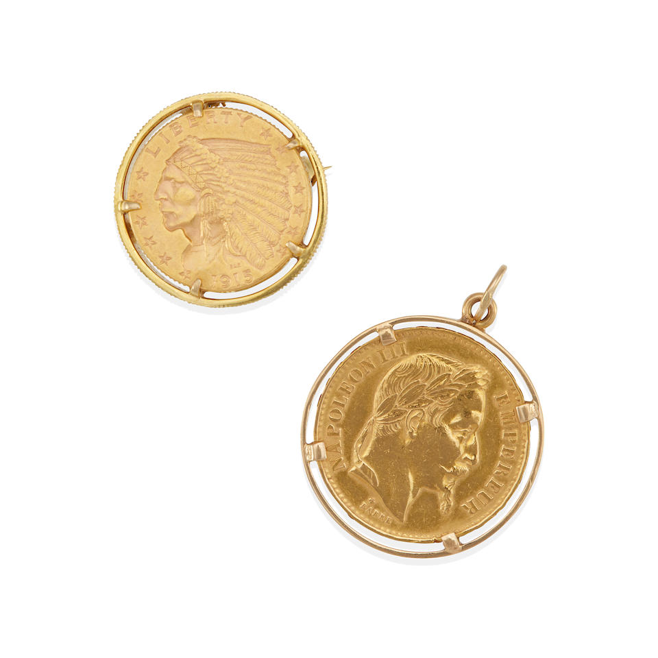 A 14K GOLD AND 22K GOLD COIN PENDANT AND PENDANT-BROOCH