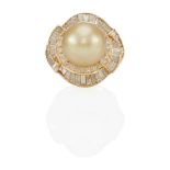 A 14K GOLD, CULTURED PEARL AND DIAMOND RING