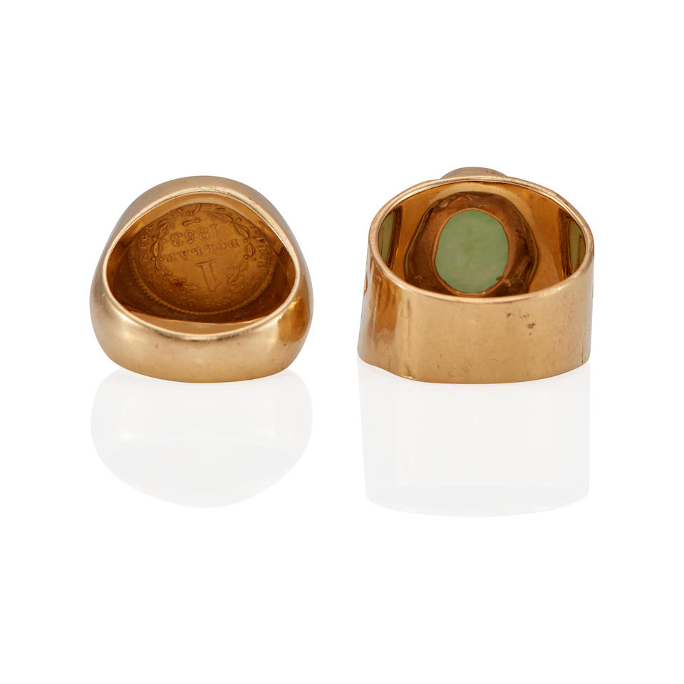 A 14K GOLD AND 22K GOLD COIN RING AND A 14K GOLD AND JADE RING - Image 2 of 3