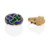 TWO 14K GOLD, ENAMEL AND GEM-SET RINGS