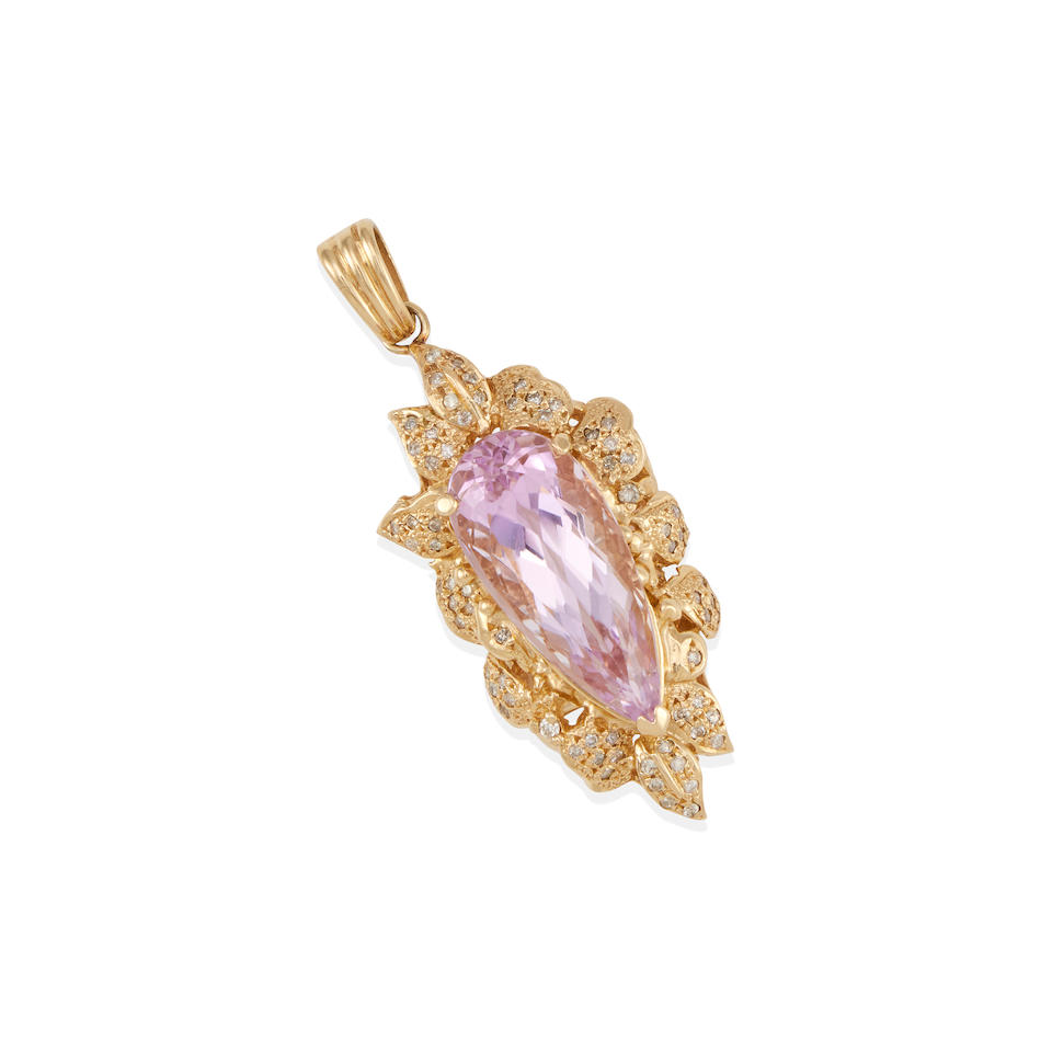 A 14K GOLD, KUNZITE, AND DIAMOND PENDANT