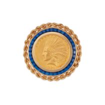 A 14K GOLD, 22K GOLD COIN AND SYNTHETIC SAPPHIRE BROOCH
