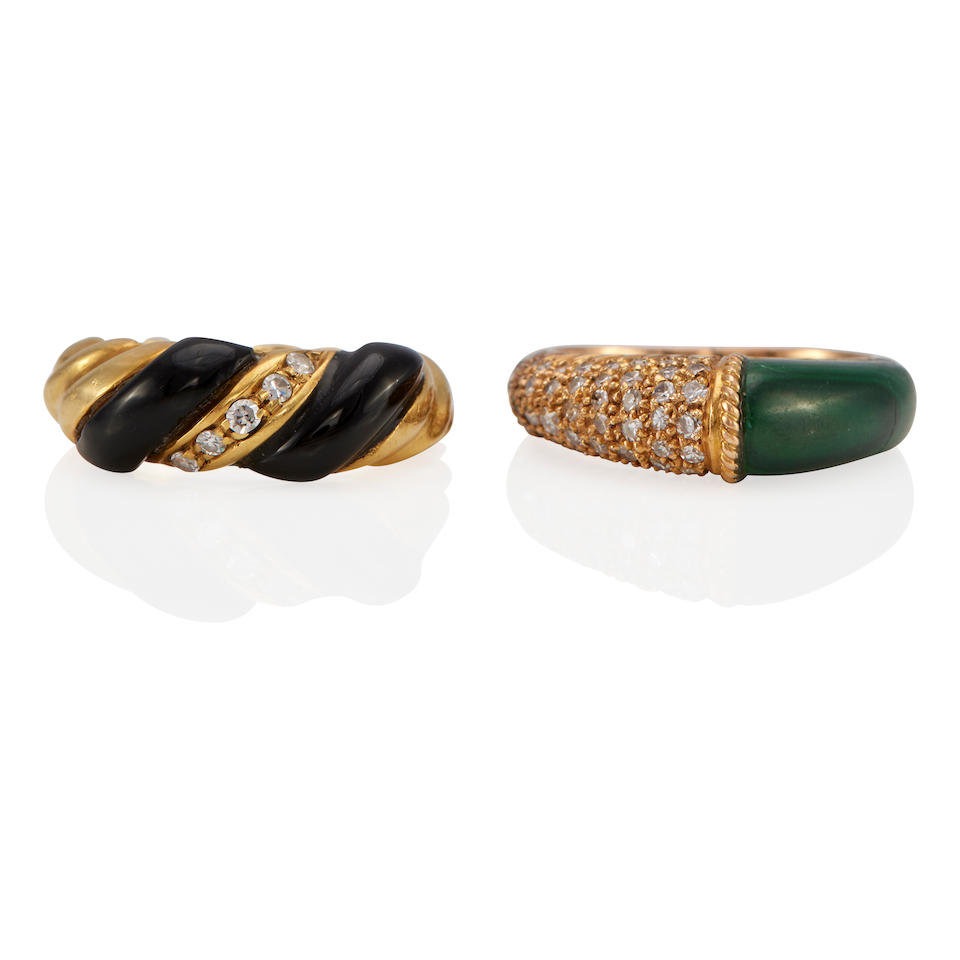 TWO GOLD, MALACHITE, ONYX AND DIAMOND RINGS