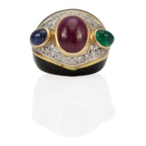 AN 18K GOLD, ENAMEL, GEM-SET AND DIAMOND RING