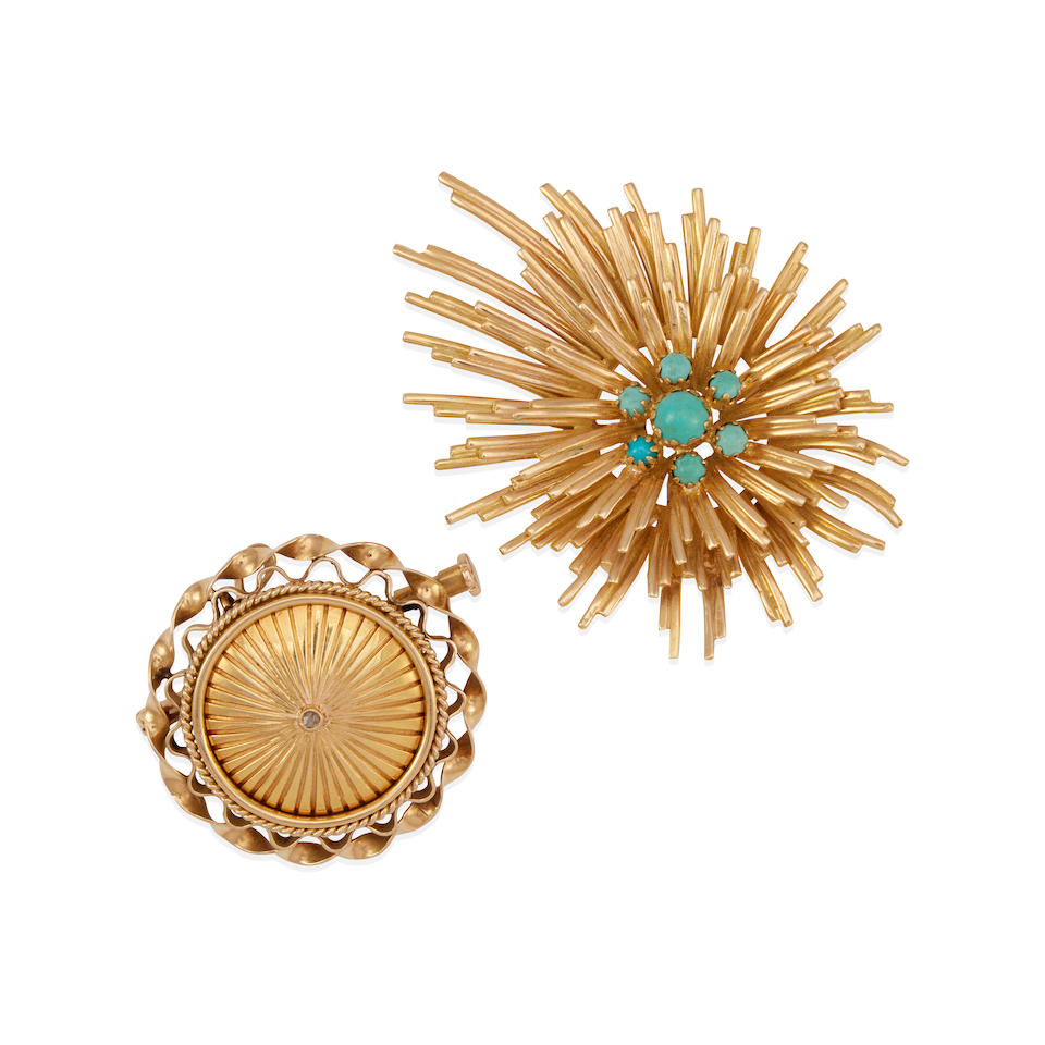 TWO 18K GOLD, TURQUOISE, AND DIAMOND PENDANT BROOCHES