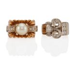 A 14K BI-COLOR GOLD, CULTURED PEARL AND DIAMOND RING AND A 14K WHITE GOLD AND DIAMOND RING