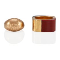 TWO GOLD AND HARDSTONE INLAY RINGS