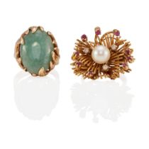 TWO GOLD, JADE, DIAMOND, RUBY, AND CULTURED PEARL RINGS