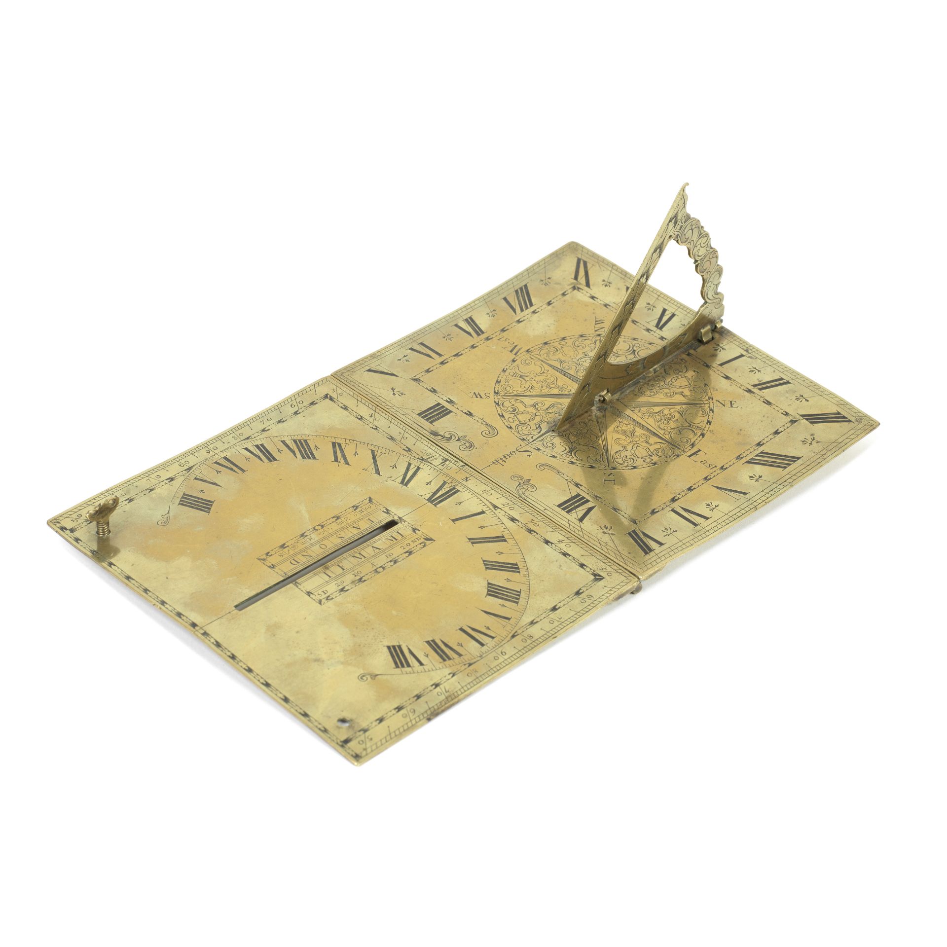 A folding brass analemmatic sundial, English, circa 1700,