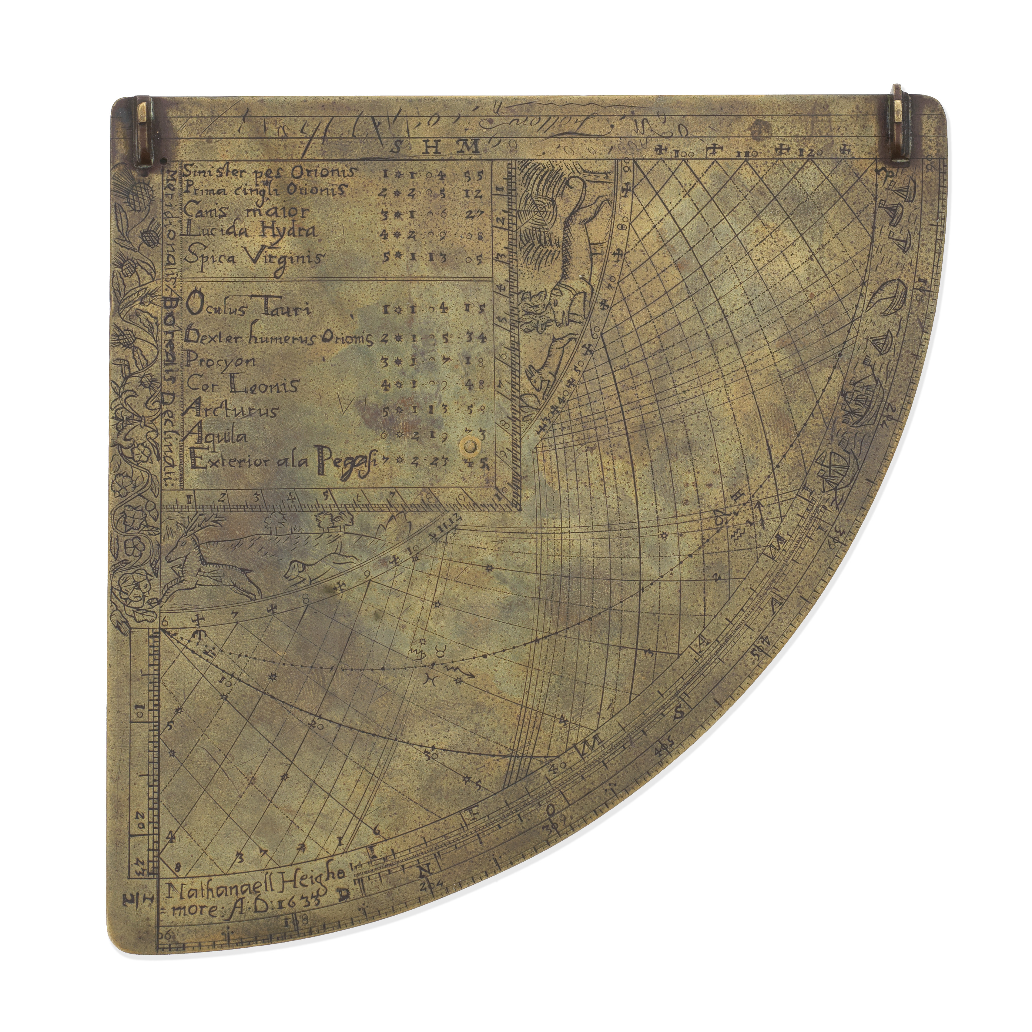 A Nathanaell Heighemore brass Gunter's quadrant, English, dated 1633,