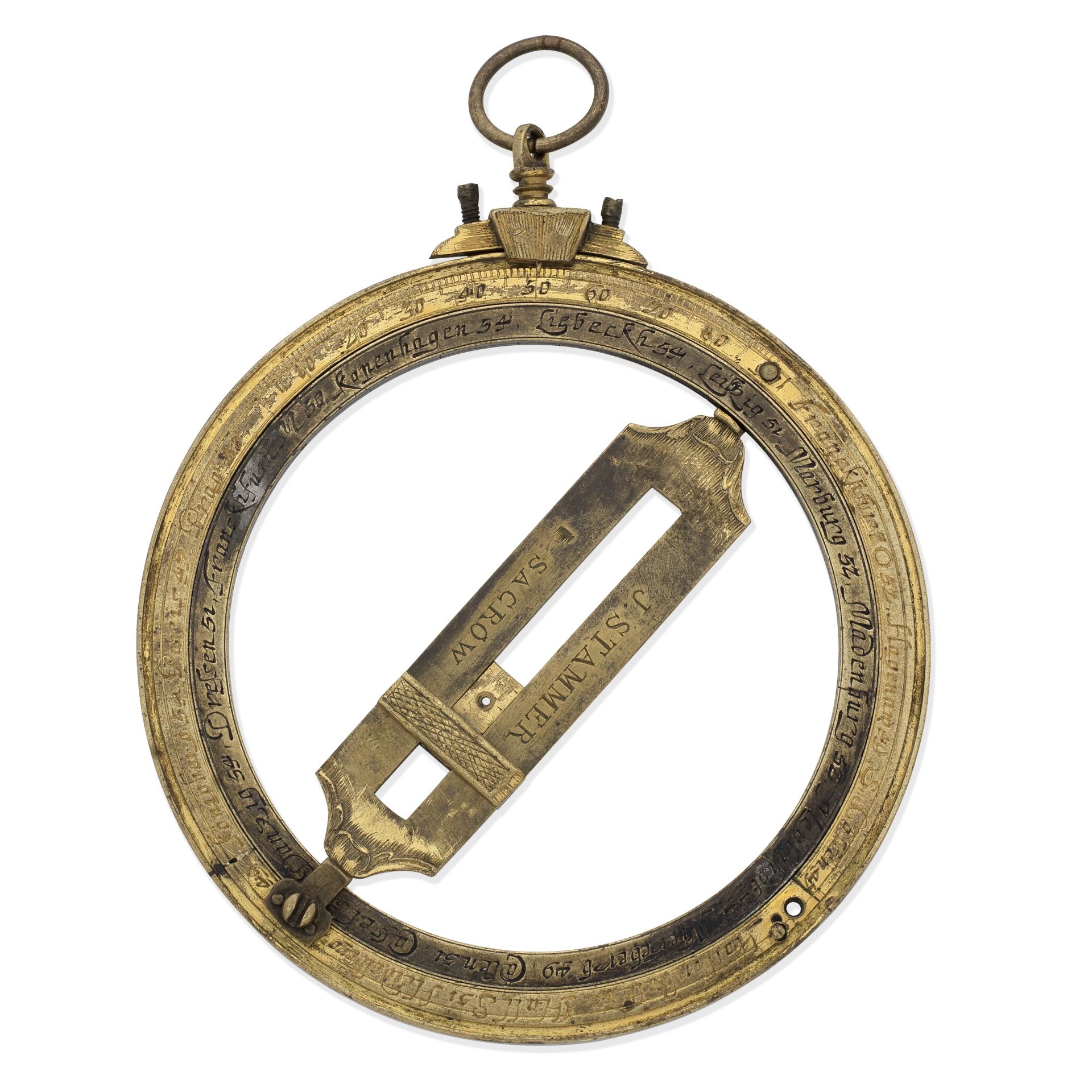 A J. Stammer gilt brass universal equinoctial ring dial, German, circa 1700,